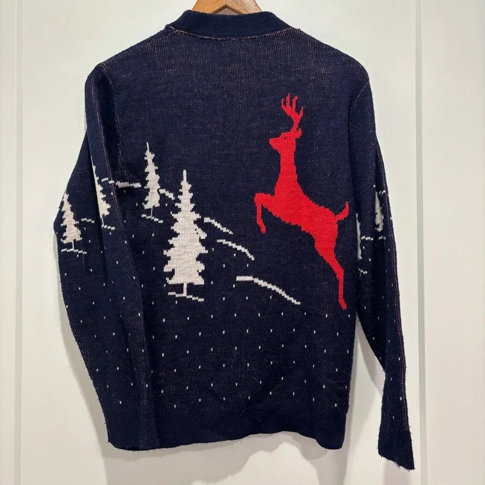 Alps Knitmeisters Vintage Ugly Christmas‎ Sweater Navy Red Deer Trees Women M